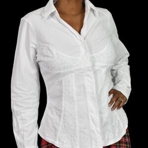 Toque de Algodon White Cotton Poplin Shirt Corset Seaming Crinkled Plus Size XXL